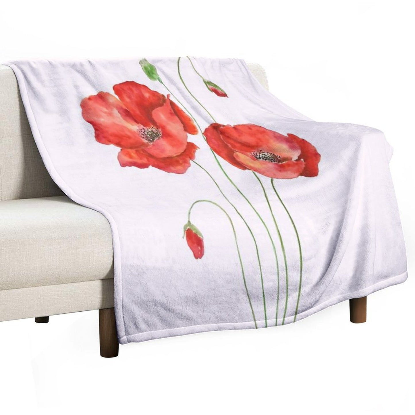 Hand Painted 2 Orange Poppies Watercolor Painting Throw Blanket