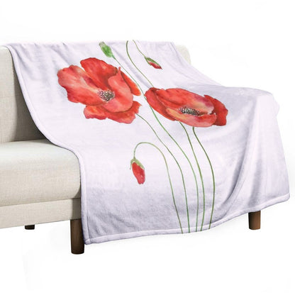 Hand Painted 2 Orange Poppies Watercolor Painting Throw Blanket