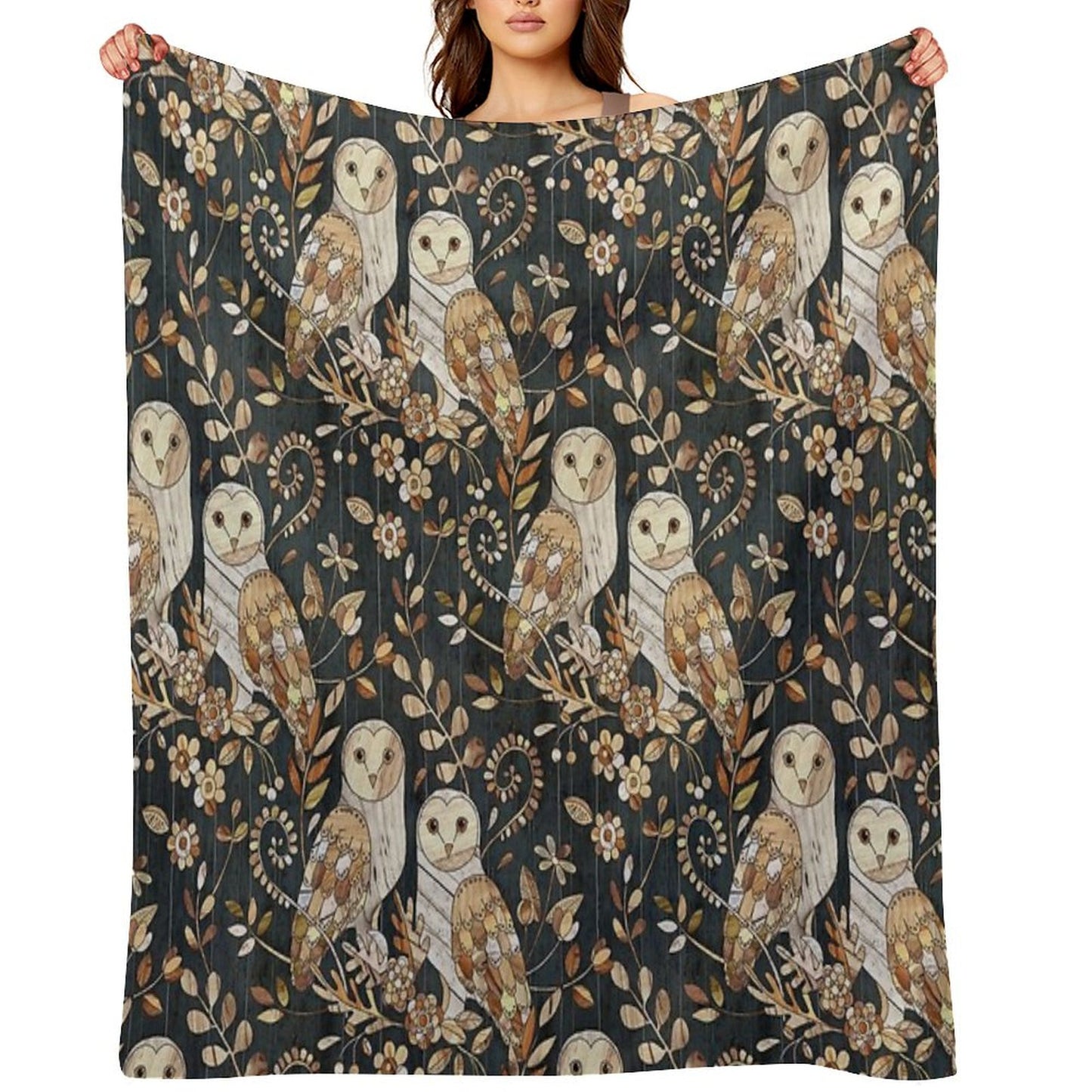 Wooden Wonderland Barn Owl Collage Throw Blanket