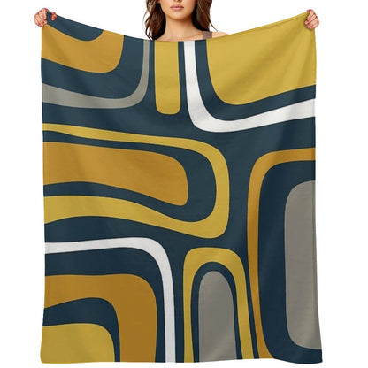 Palm Springs Mid-Century Modern Abstract Pattern in Light And Dark Mustard, Gray, And White on Navy Blue Throw Blanket