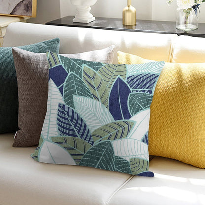 Leaf Wall  Navy Blue Pine And Sage Green Leaves Mint Lines Soft Gift Ready Throw Pillow