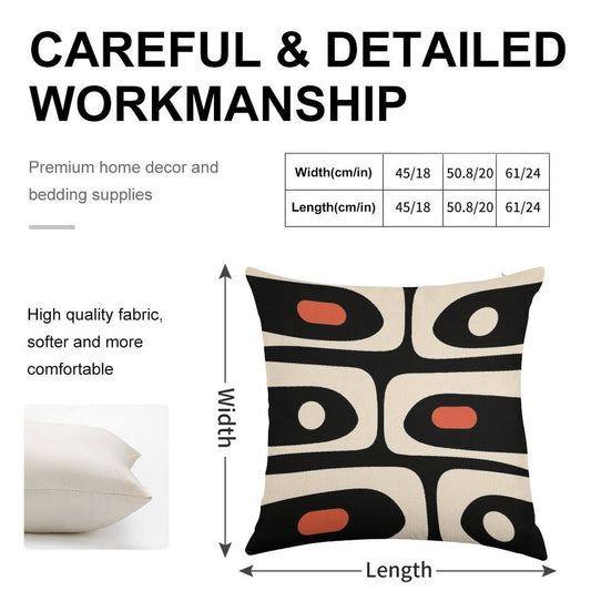 Mid Century Modern Piquet Abstract Pattern Black, Orange, And Almond Cream Linen Throw Pillow Cover