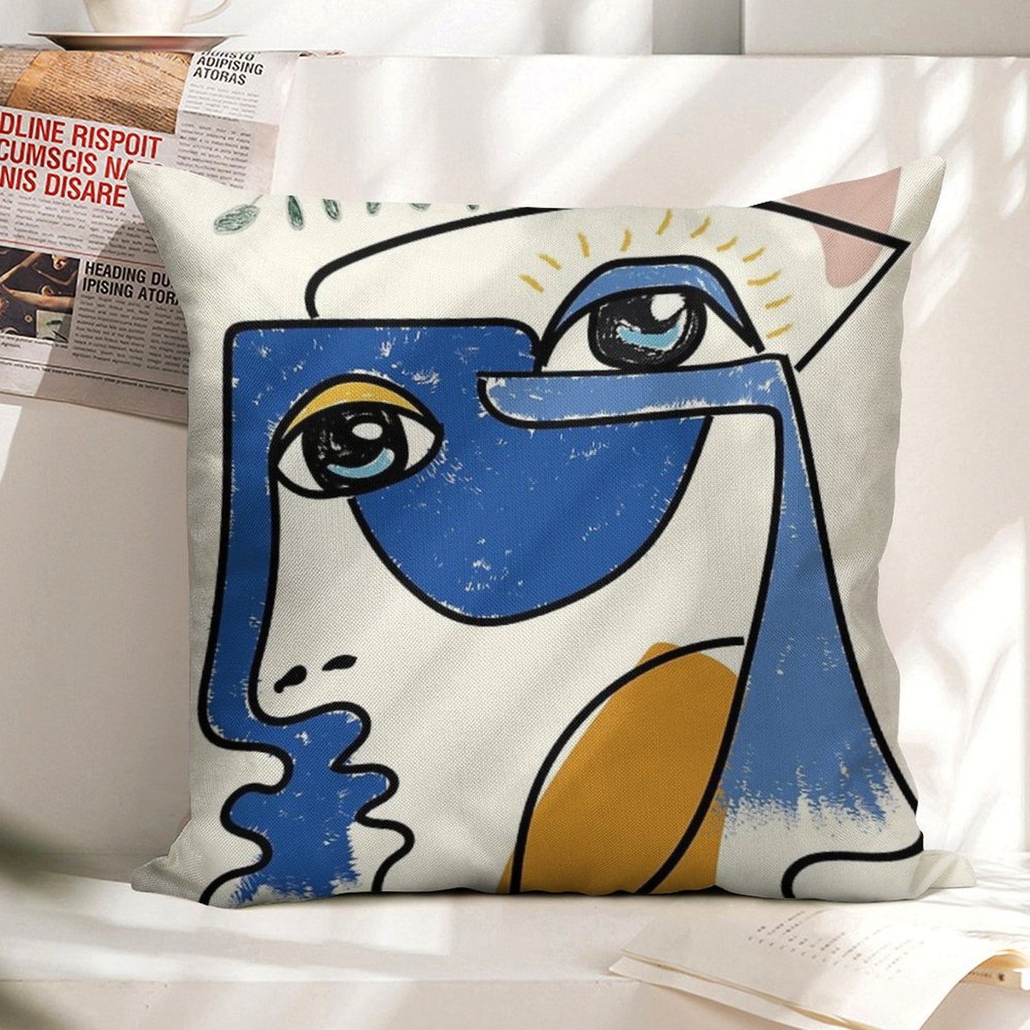 Minimal  Cute Face Linen Throw Pillow Cover