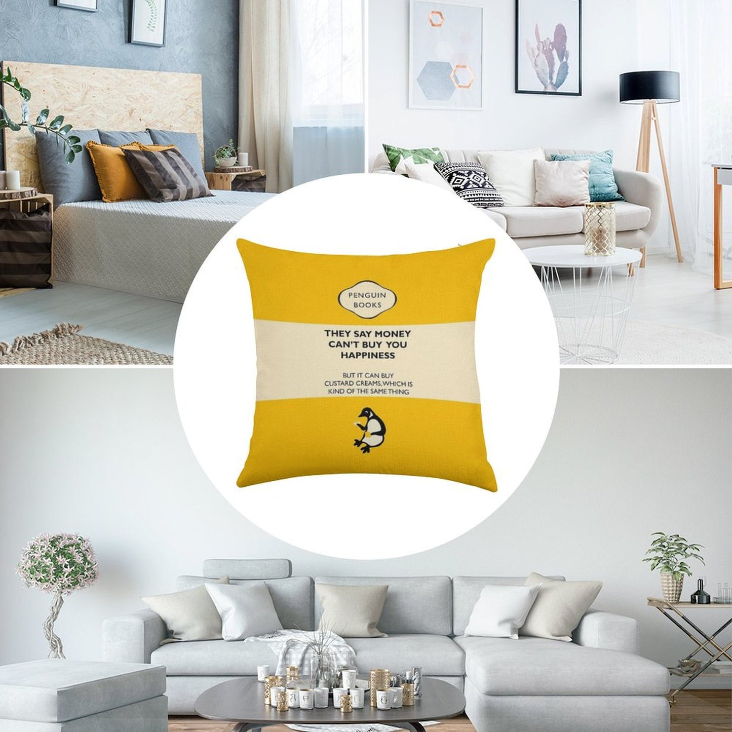 Custard Creams - Parody Penguin Book Cover Linen Throw Pillow Cover