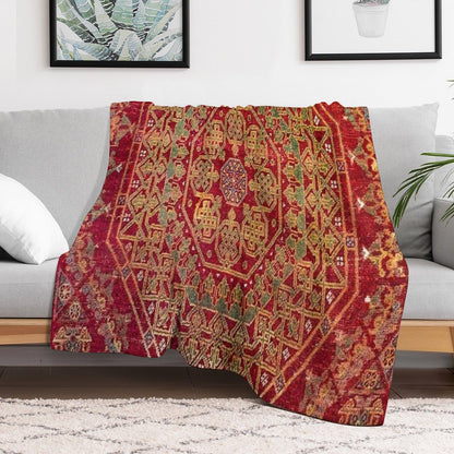 Bohemian Medallion VII  15th Century Old Distressed Red Green Coloful Ornate Accent Rug Pattern Throw Blanket