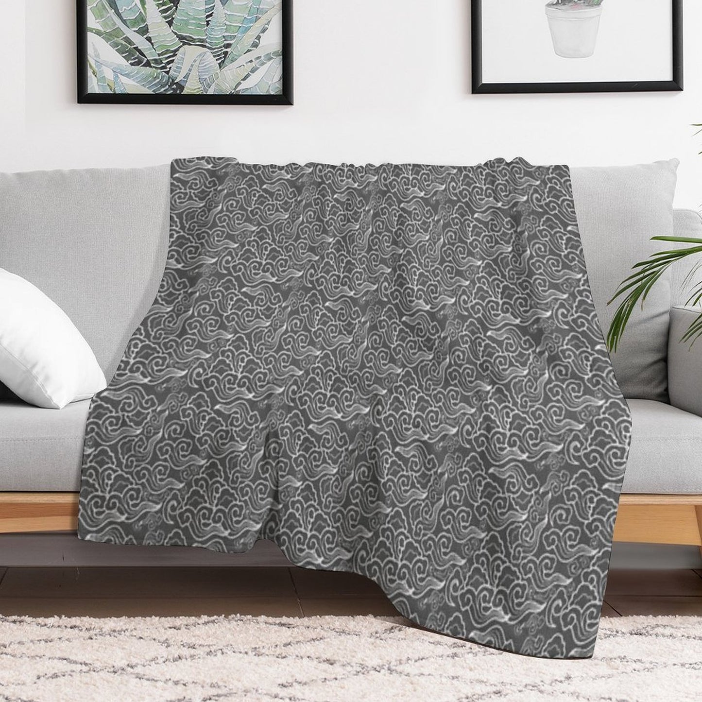 Vintage Japanese Clouds, Graphite Gray  Grey Throw Blanket