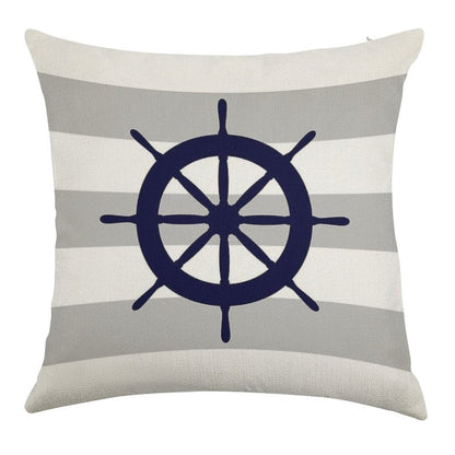 Nautical Navy Blue Ship's Steering Wheel On Silver Gray Stripes Linen Throw Pillow Cover