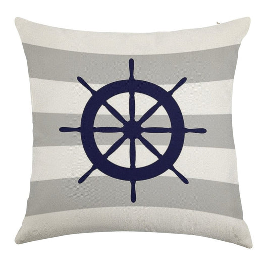Nautical Navy Blue Ship's Steering Wheel On Silver Gray Stripes Linen Throw Pillow Cover
