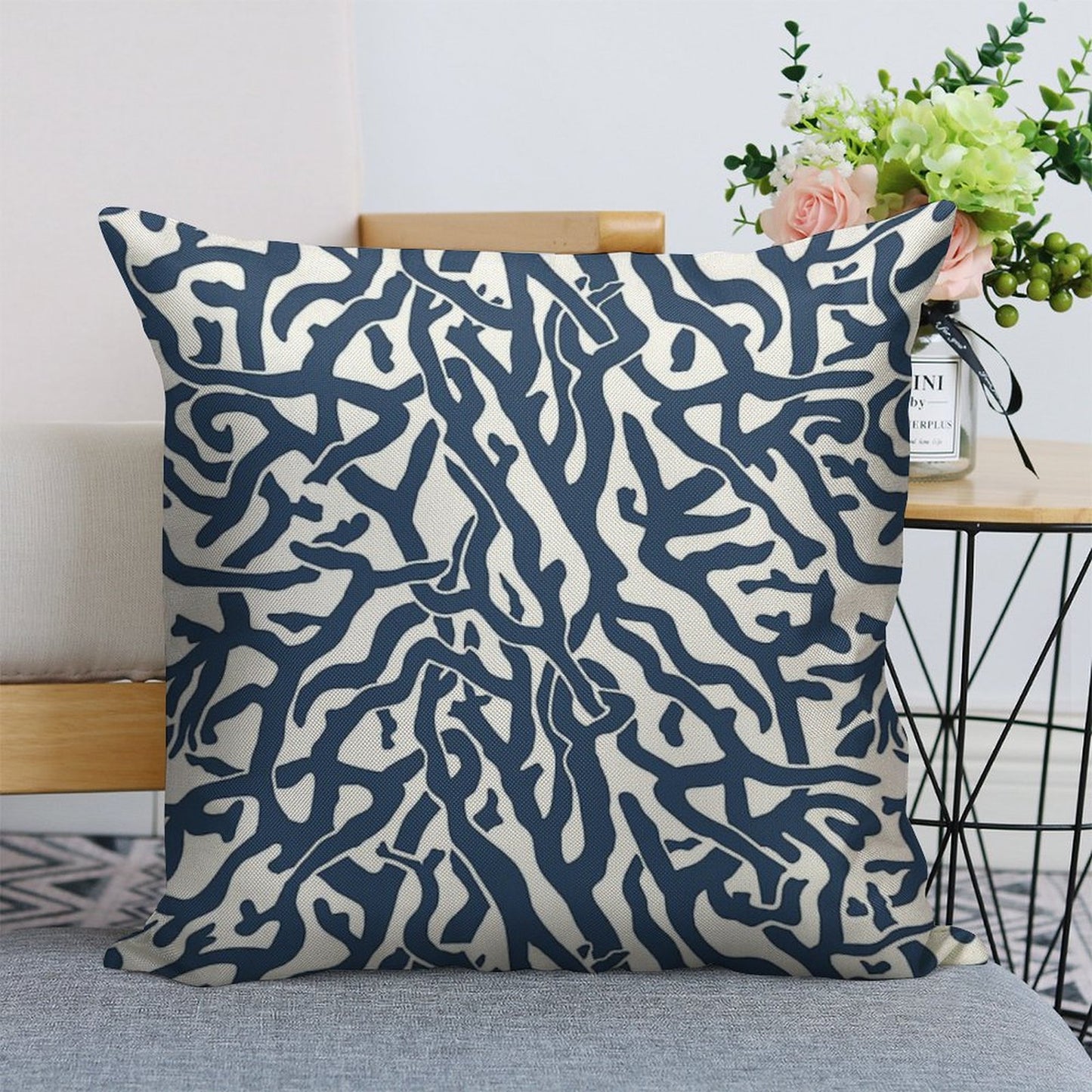 Coral Reef Pattern  Navy Blue White Coastal Beach House Linen Throw Pillow Cover