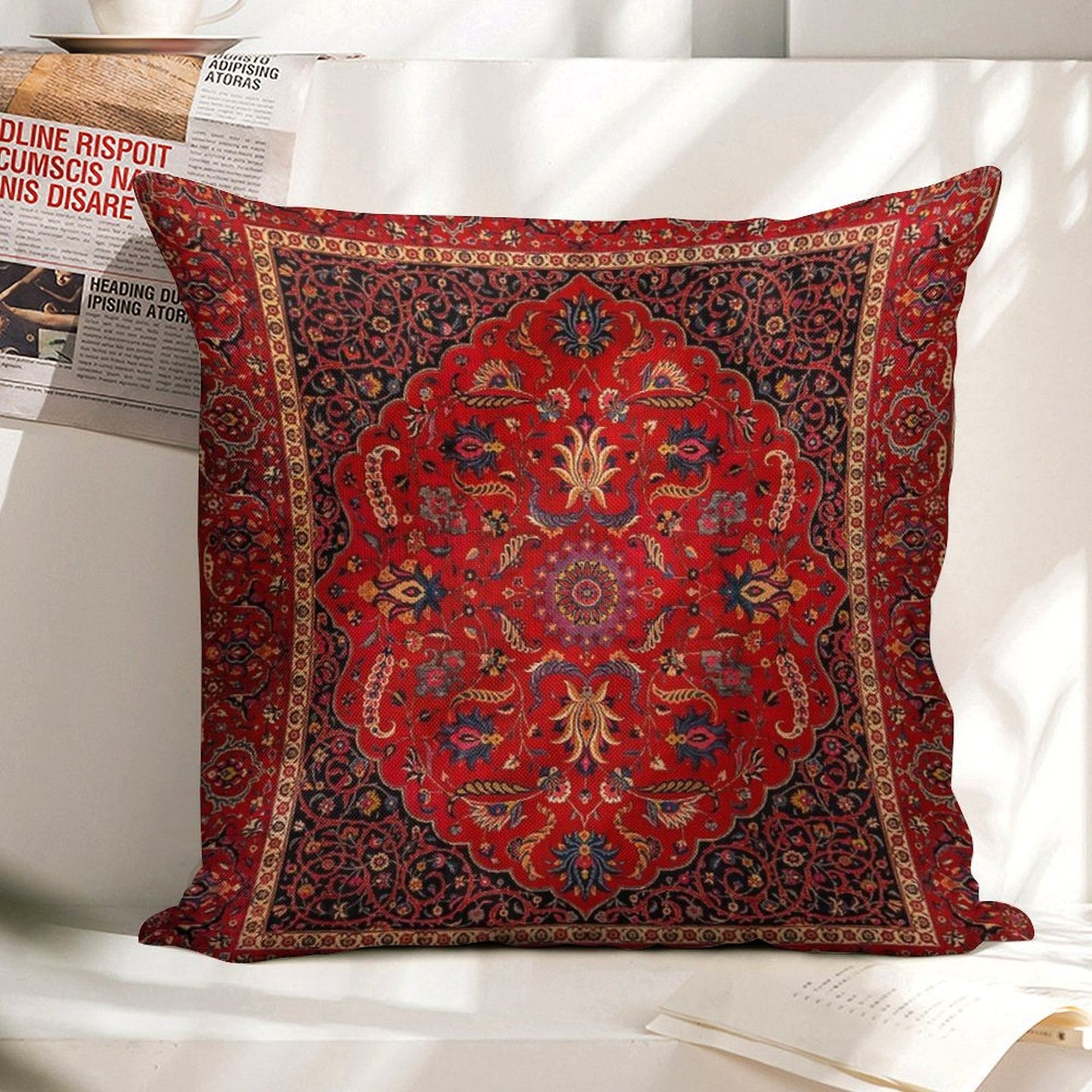 Red Persian Rug Linen Throw Pillow Cover