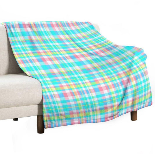 Pastel Aqua Blue Pink Yellow Plaid Spring Preppy Throw Blanket