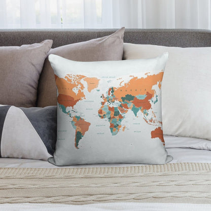 Map of The World in Burnt Orange And Teal Soft Luxury Feel Throw Pillow