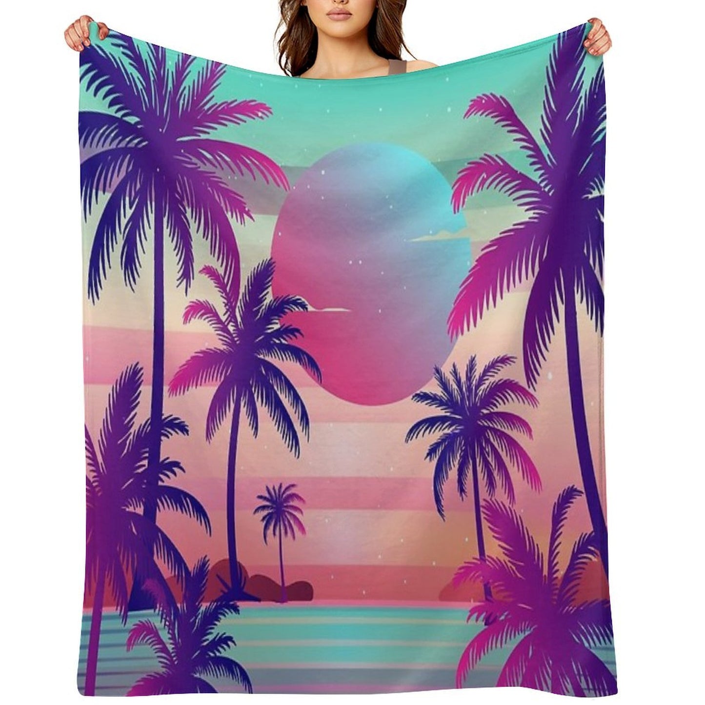 Sunset Palm Trees Vaporwave Aesthetic Throw Blanket