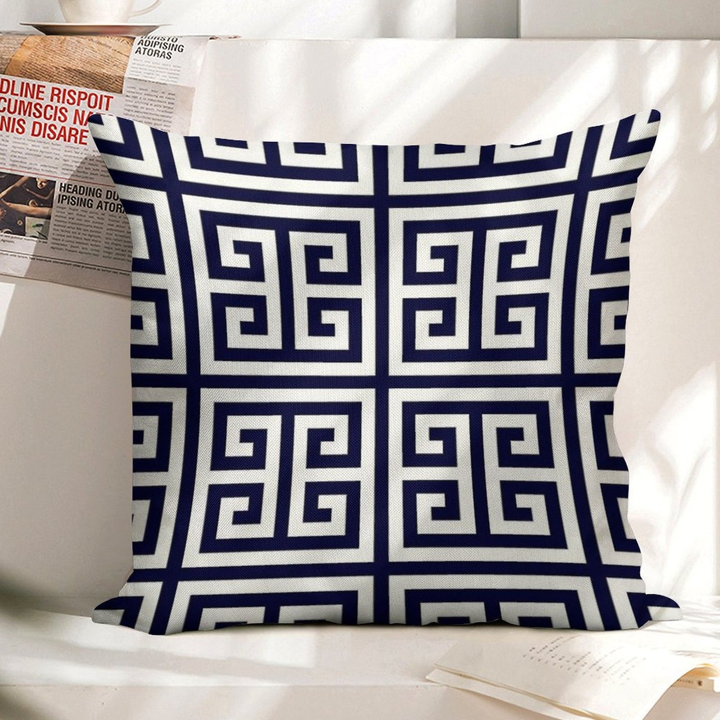 Greek Key Navy Blue And White Pattern Linen Throw Pillow Cover