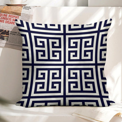 Greek Key Navy Blue And White Pattern Linen Throw Pillow Cover