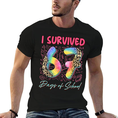 I Survived 67 Day of School Funny 6 7 Teach Student Leopard  Soft T-Shirt