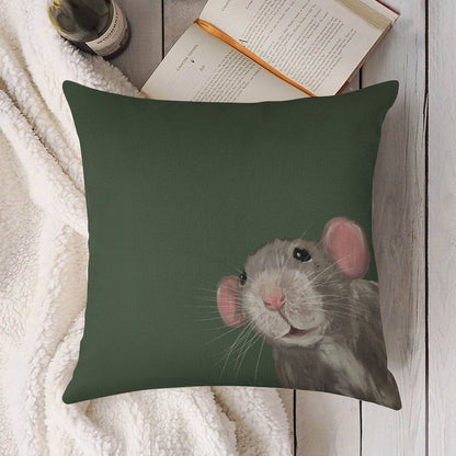 The Peeking Rat (Green) Linen Throw Pillow Cover
