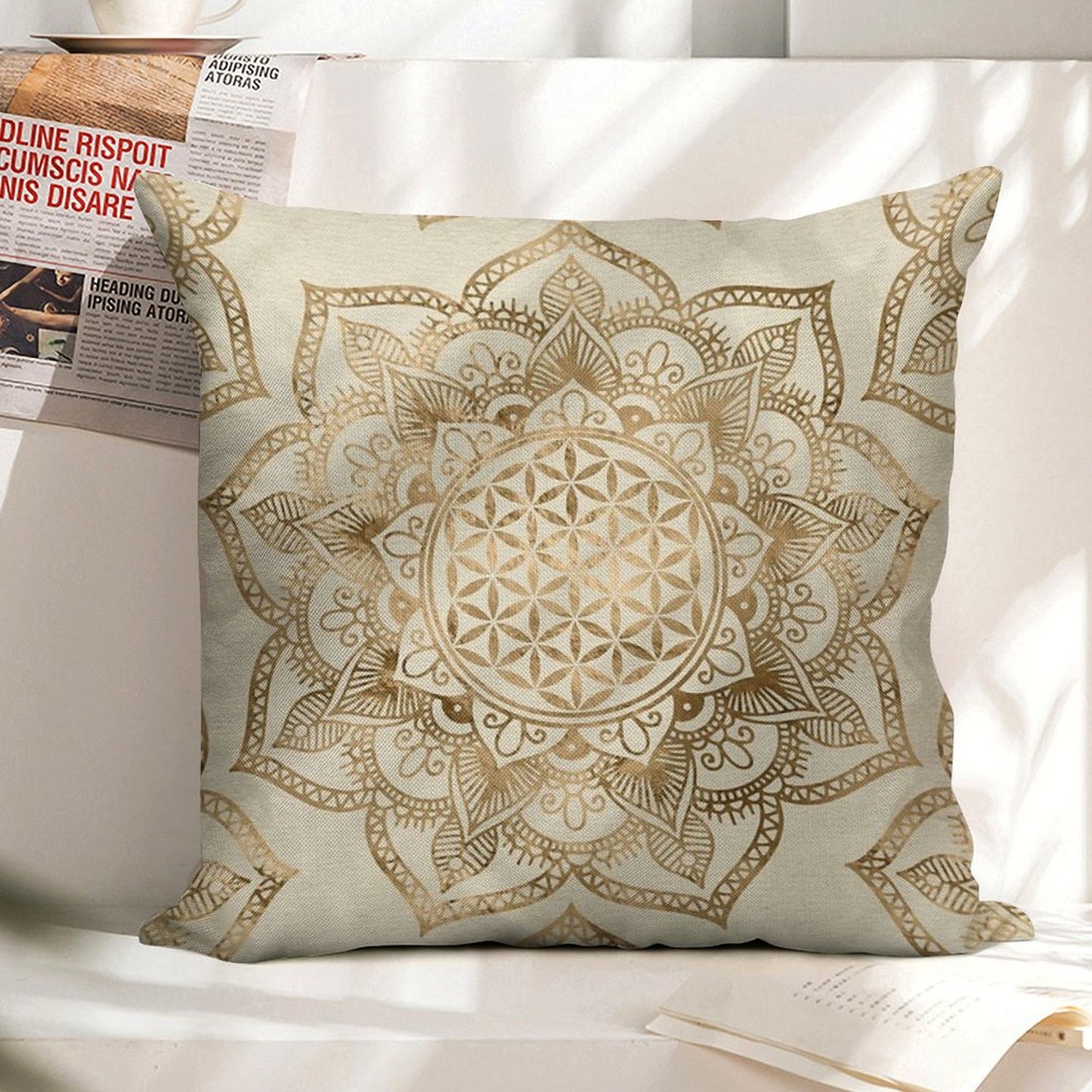 Flower of Life in Lotus - Pastel Golds And Canvas Linen Throw Pillow Cover