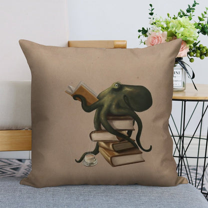 Well-Read Octopus Linen Throw Pillow Cover