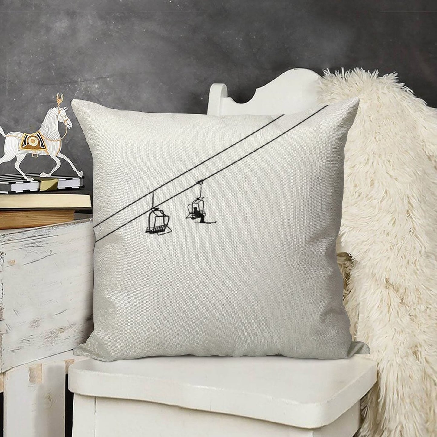 Ski Lift Black And White Linen Throw Pillow Cover