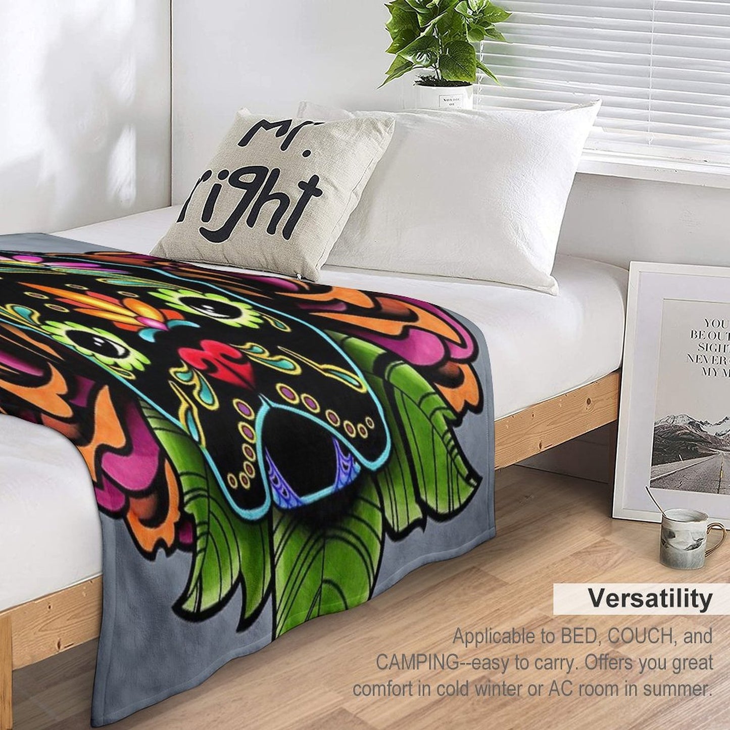 Day of The Dead French Bulldog in Black Sugar Skull Dog Throw Blanket