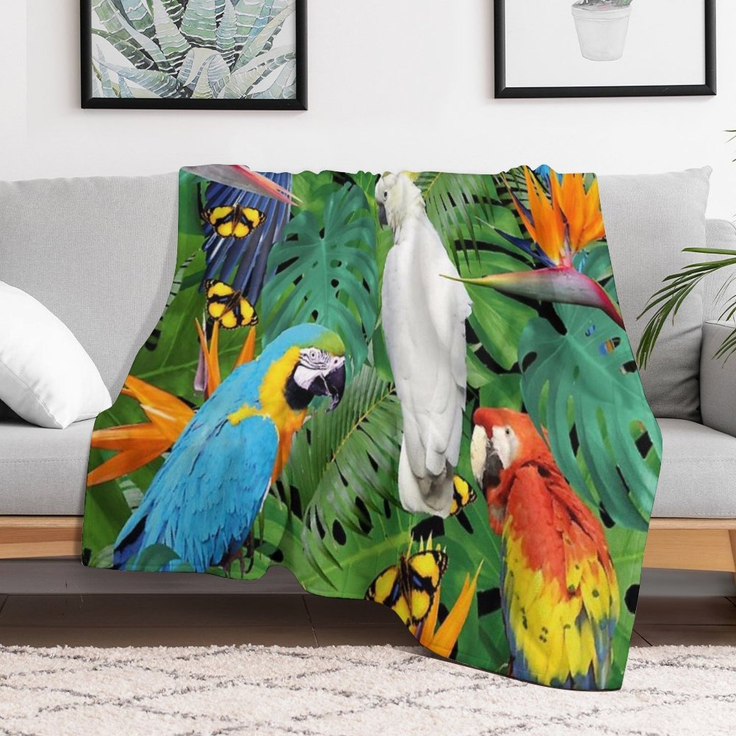 Parrots Bird Jungle Palm Monstera Leaves Throw Blanket