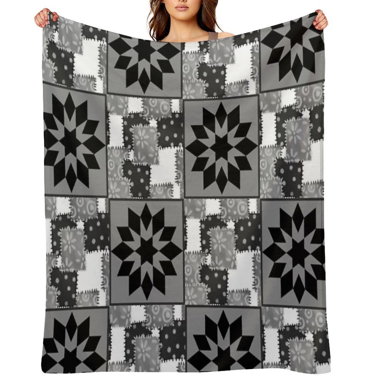 Black And White Quilted Granny Squares Quilt Throw Blanket