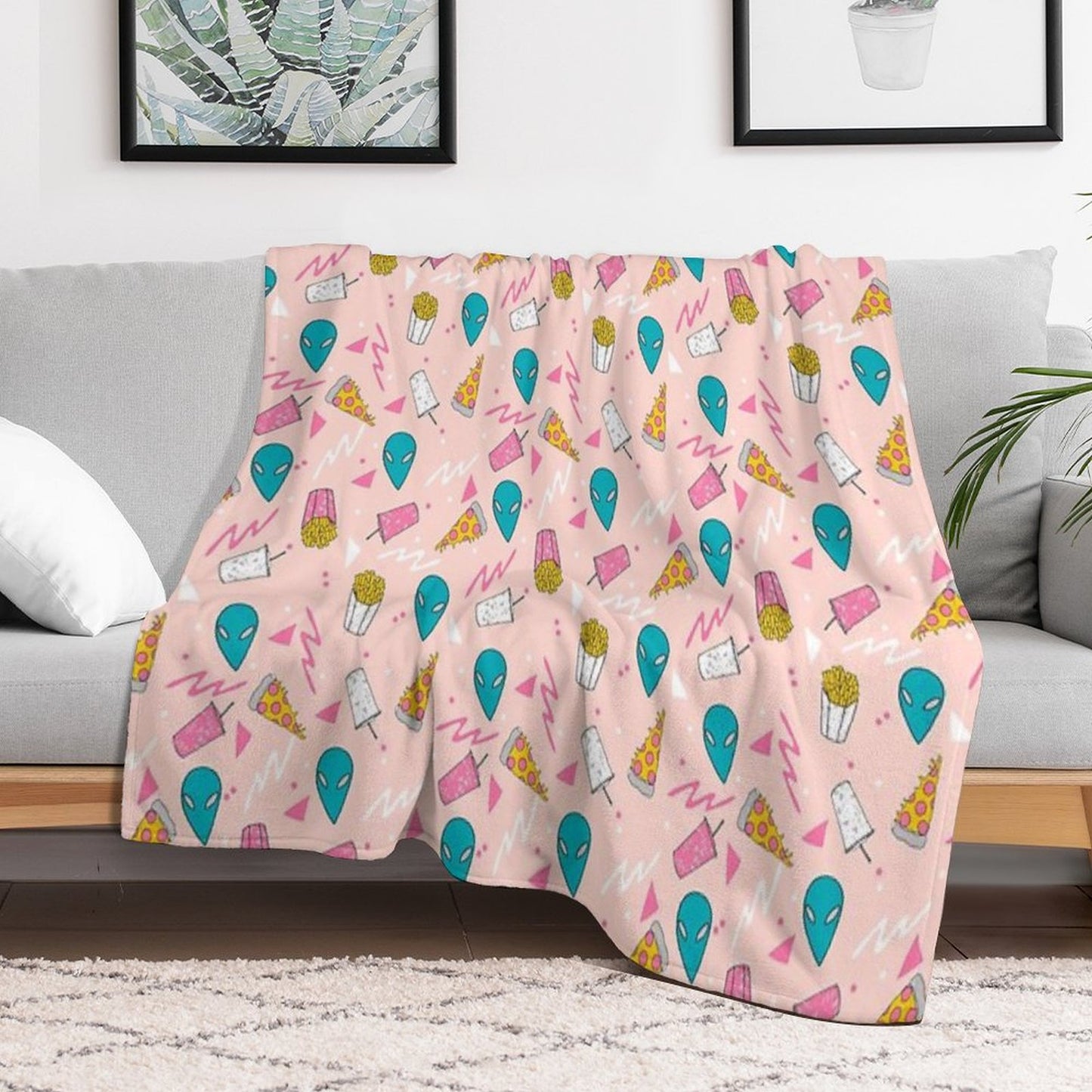 Alien Outer Space Cute Aliens French Fries Rad Sodas Pattern Print Throw Blanket
