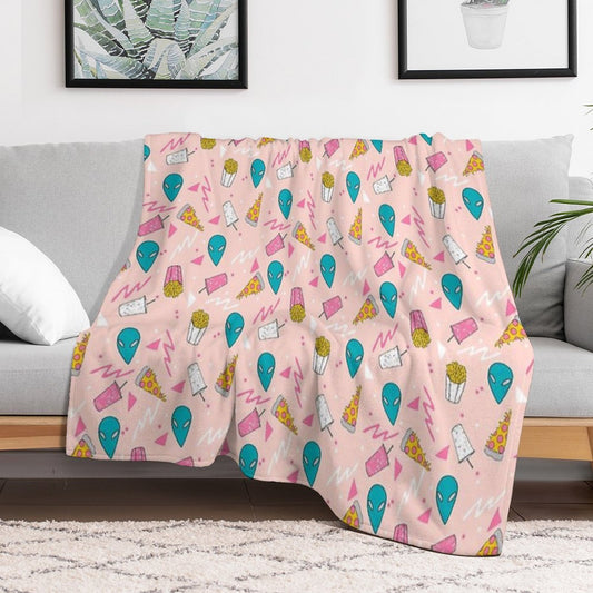 Alien Outer Space Cute Aliens French Fries Rad Sodas Pattern Print Throw Blanket