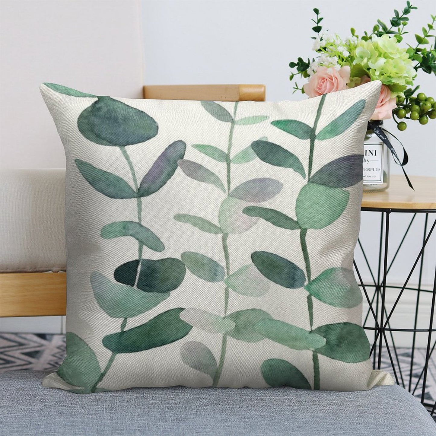 Watercolor, Eucalyptus, Leaves, Botanical, Painting, Green Linen Throw Pillow Cover