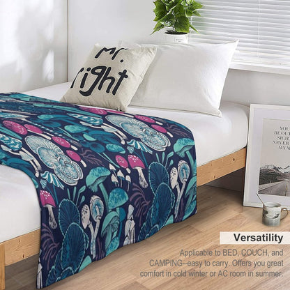 Mystical Fungi  Midnight Blue Background Mint Teal And Dark Pink Wild Mushrooms Throw Blanket