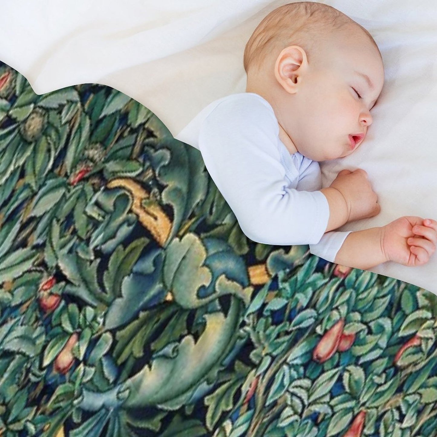 GREENERY, FOREST ANIMALS ,RAVEN ON ACANTHUS LEAVES Blue Green Floral Throw Blanket