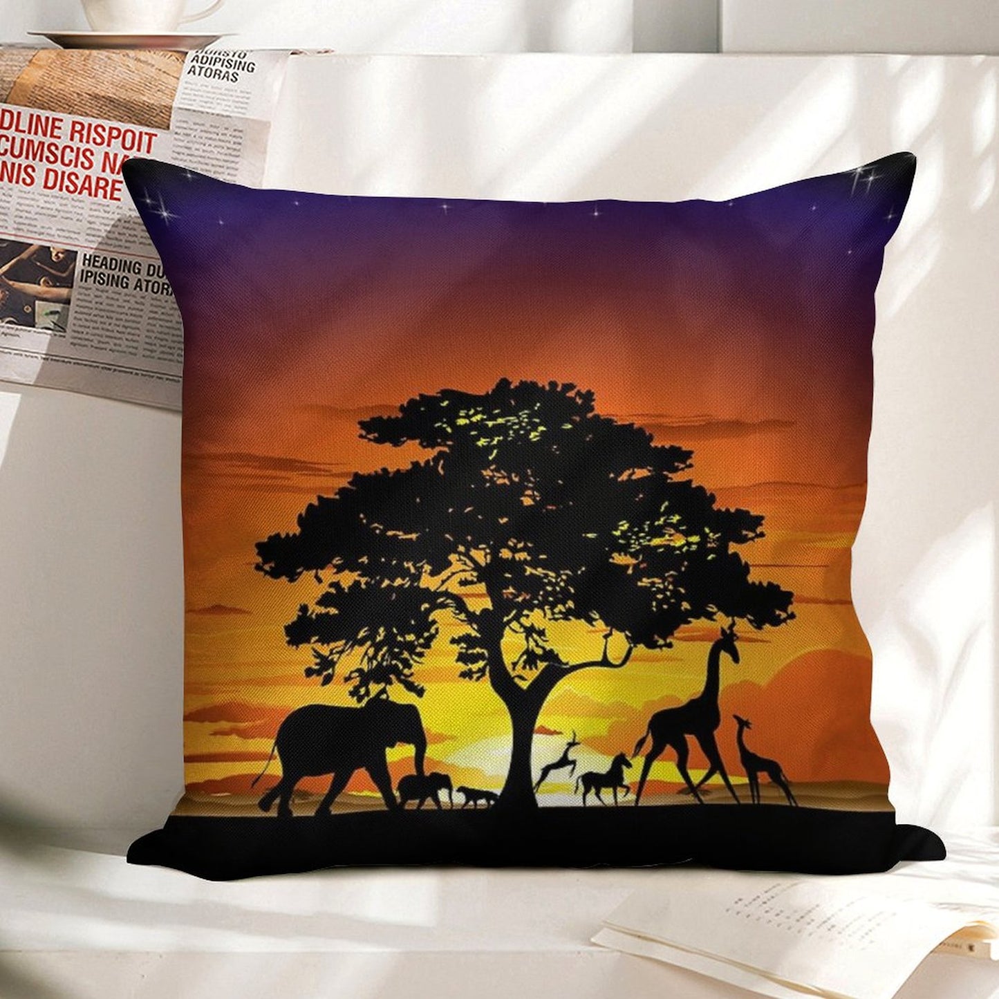 Wild Animals on African Savanna Sunset Linen Throw Pillow Cover