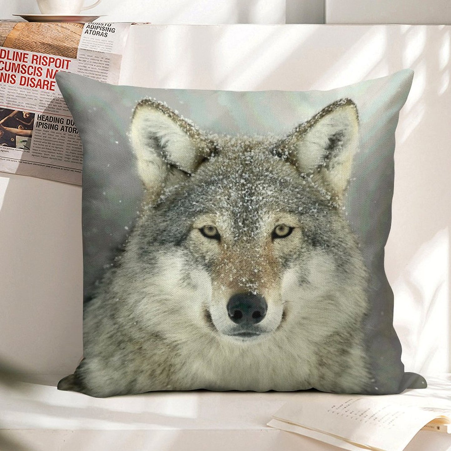 GREY WOLF Linen Throw Pillow Cover
