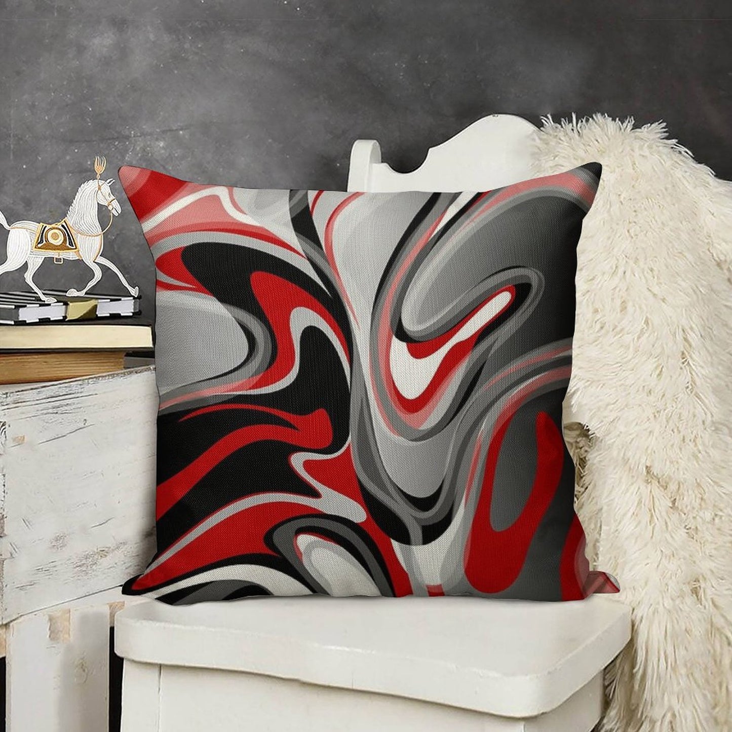 Liquify - Red, Gray, Black, White Linen Throw Pillow Cover