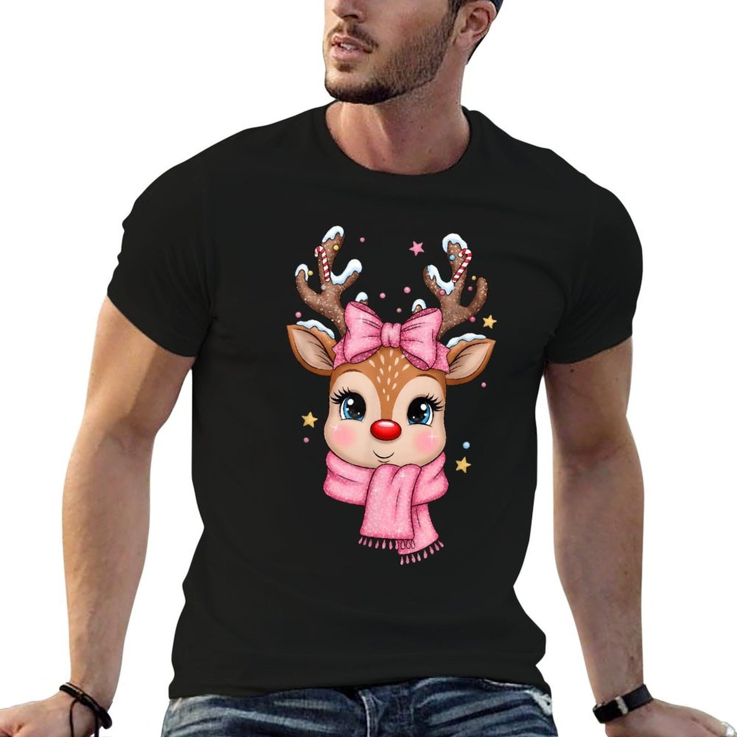 Reindeer Merry Christmas Cute Girl Women Kids  Vintage-inspired T-Shirt
