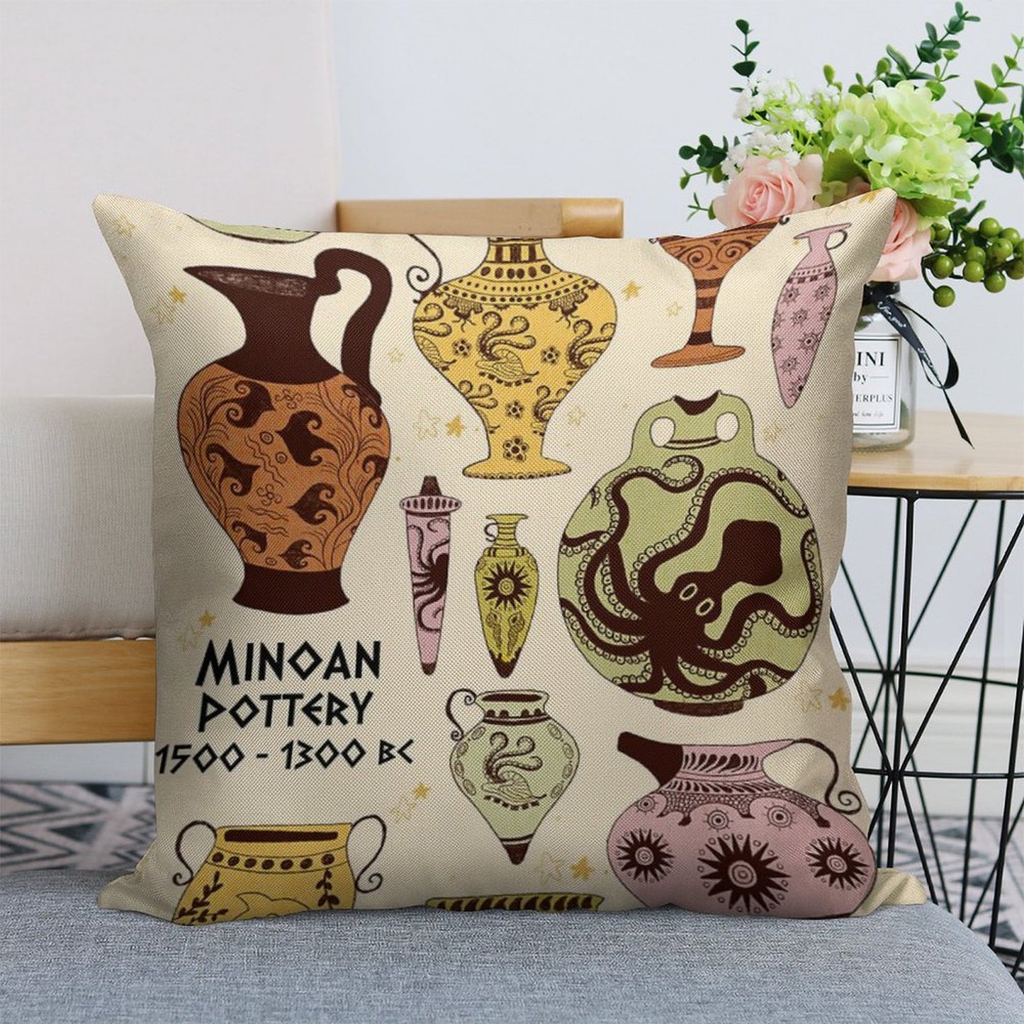 Minoan Pottery Linen Throw Pillow Cover