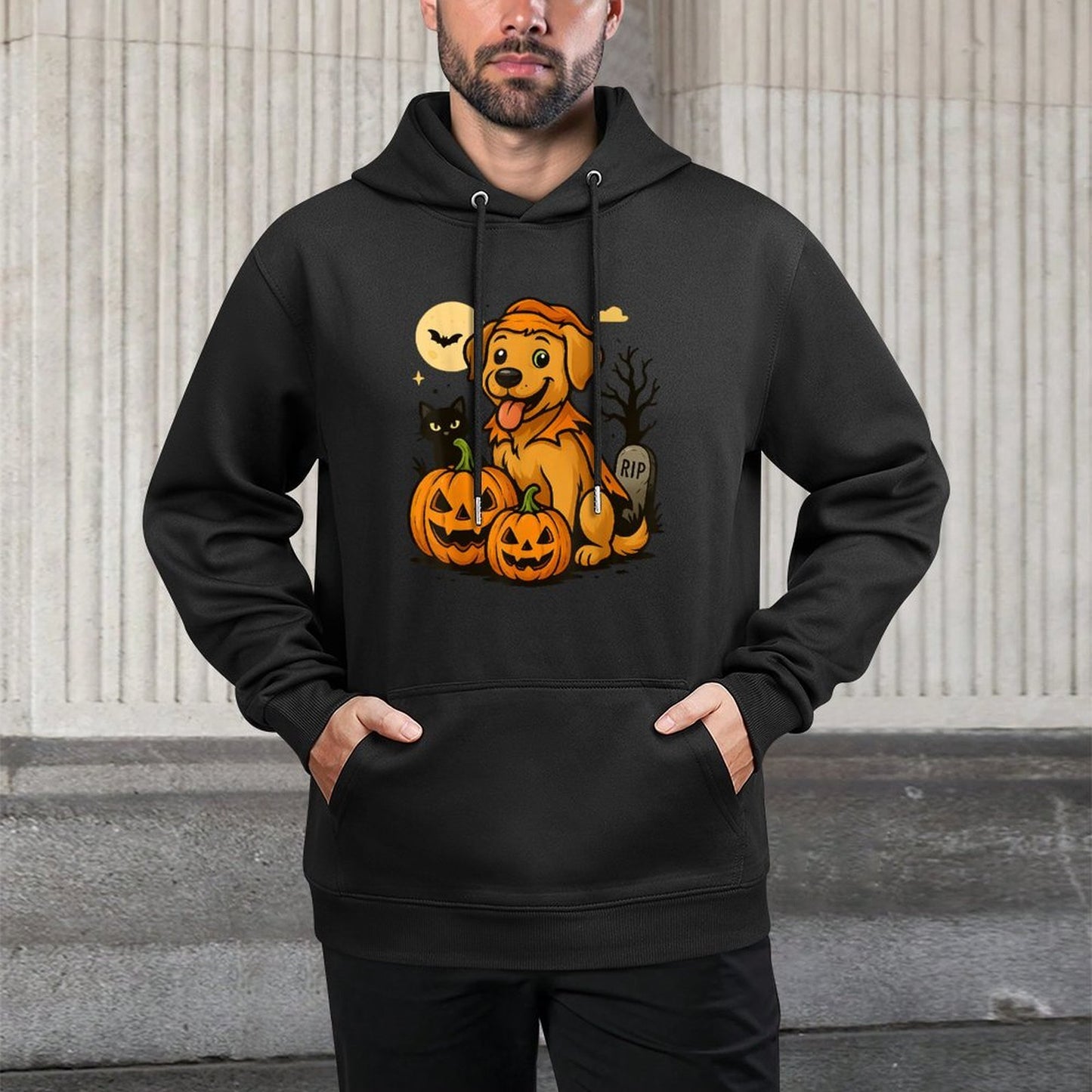 Cute Halloween Dog with Pumpkins And Black Cat Graveyard Easy Care Hoodie