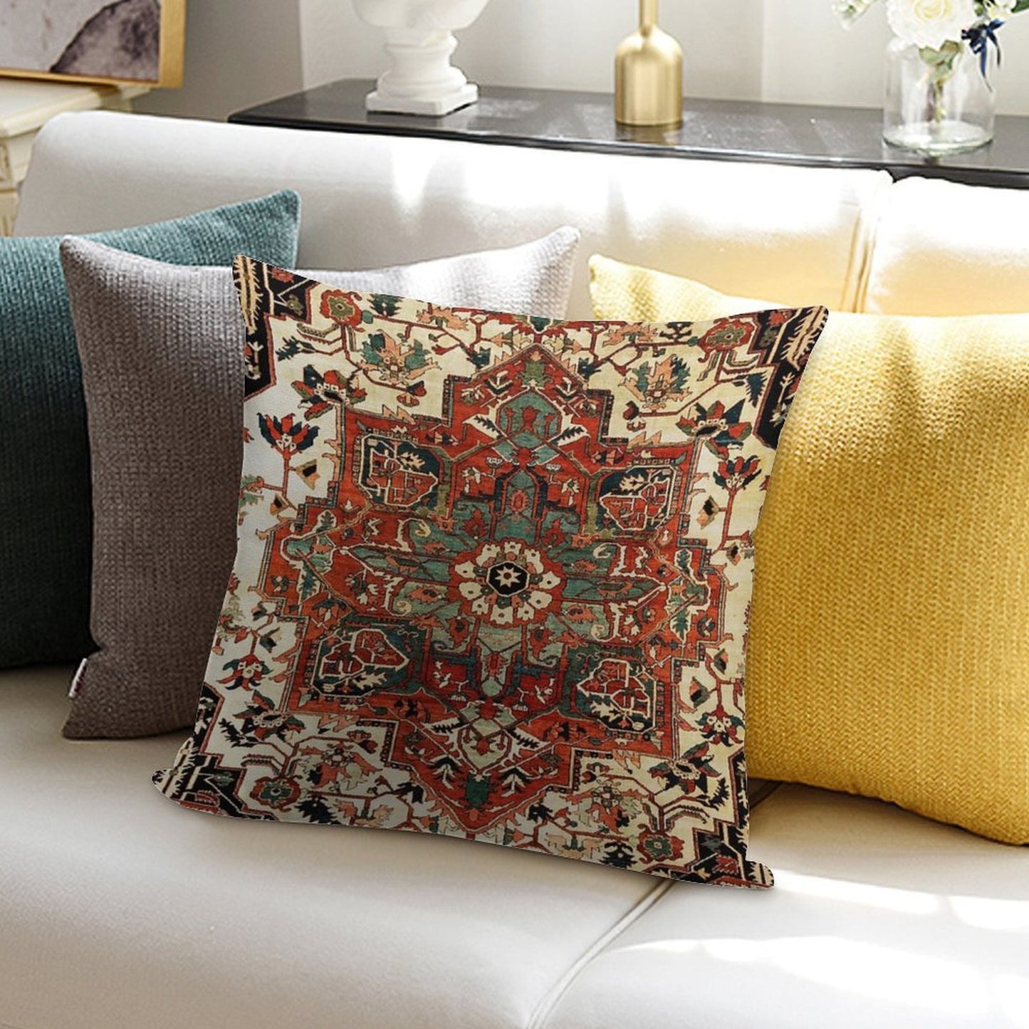Antique Persian Heriz Rug Print Soft Skin-Friendly Throw Pillow