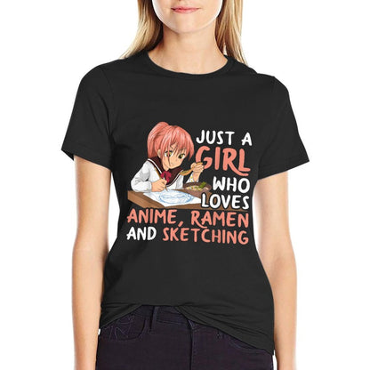 Just A Girl Who Loves Anime Ramen And Sketching Japan Anime  Trendy Pattern T-Shirt