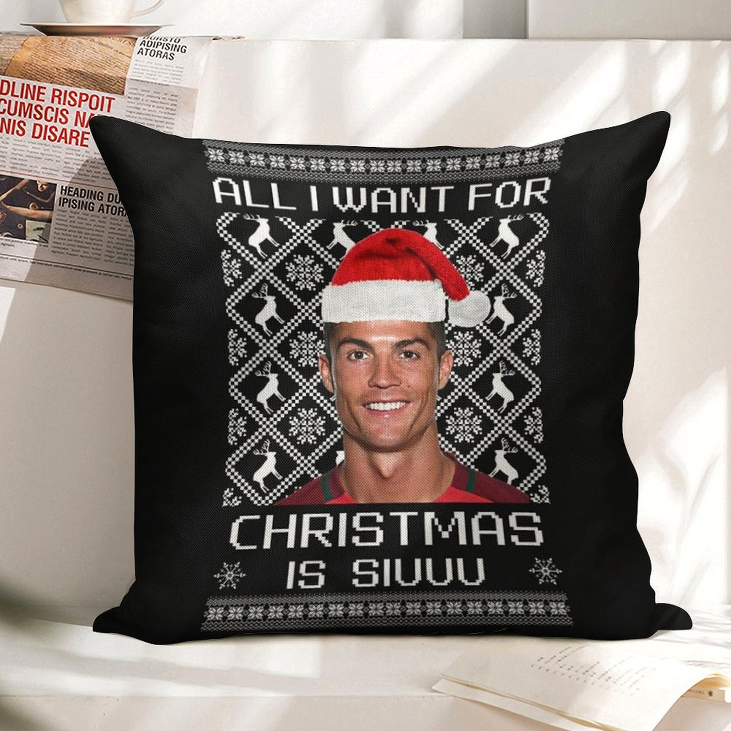 Cristiano Ronaldo Siuuu Christmas Sweater Linen Throw Pillow Cover