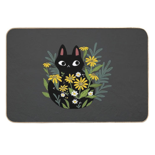 Black Cat with Flowers  Slip-Resistant Bath Mat