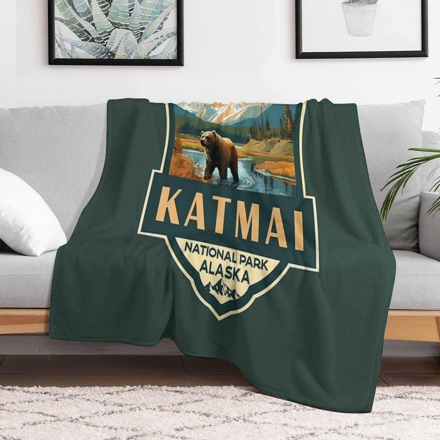 Katmai National Park Illustration Retro Badge Throw Blanket