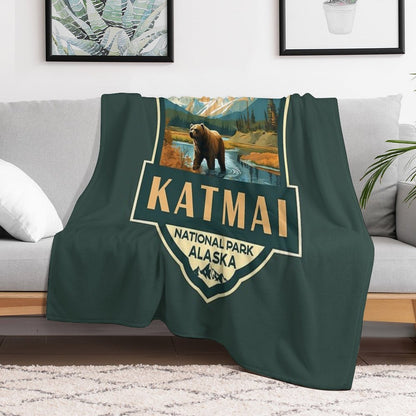 Katmai National Park Illustration Retro Badge Throw Blanket