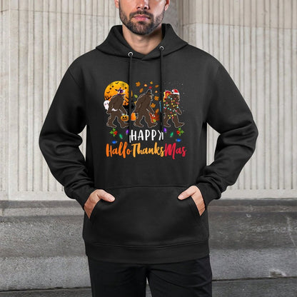 Hallothanksmas Bigfoot Halloween Thanksgiving Christmas Shrink-Resistant Hoodie