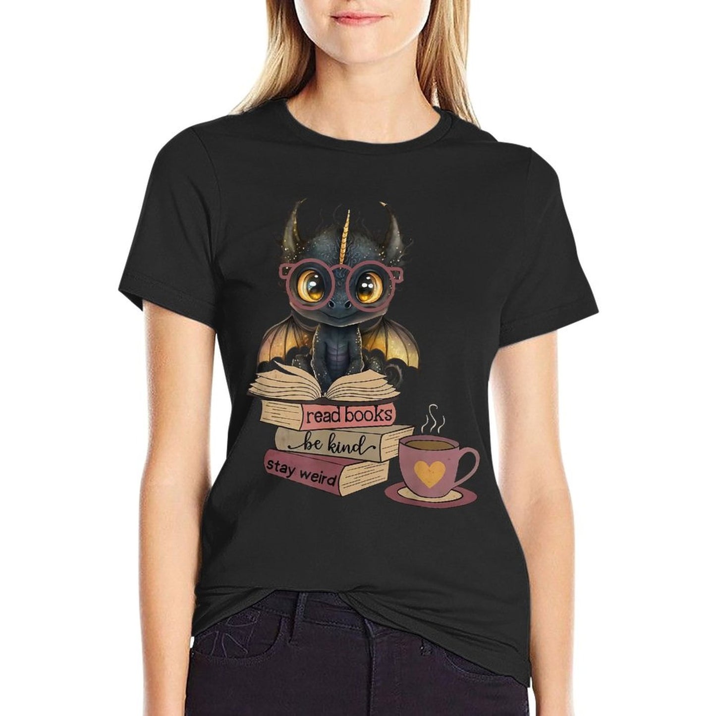 Funny Dragon Read Books Be Kind Stay Weird Book Lover T-Shirt