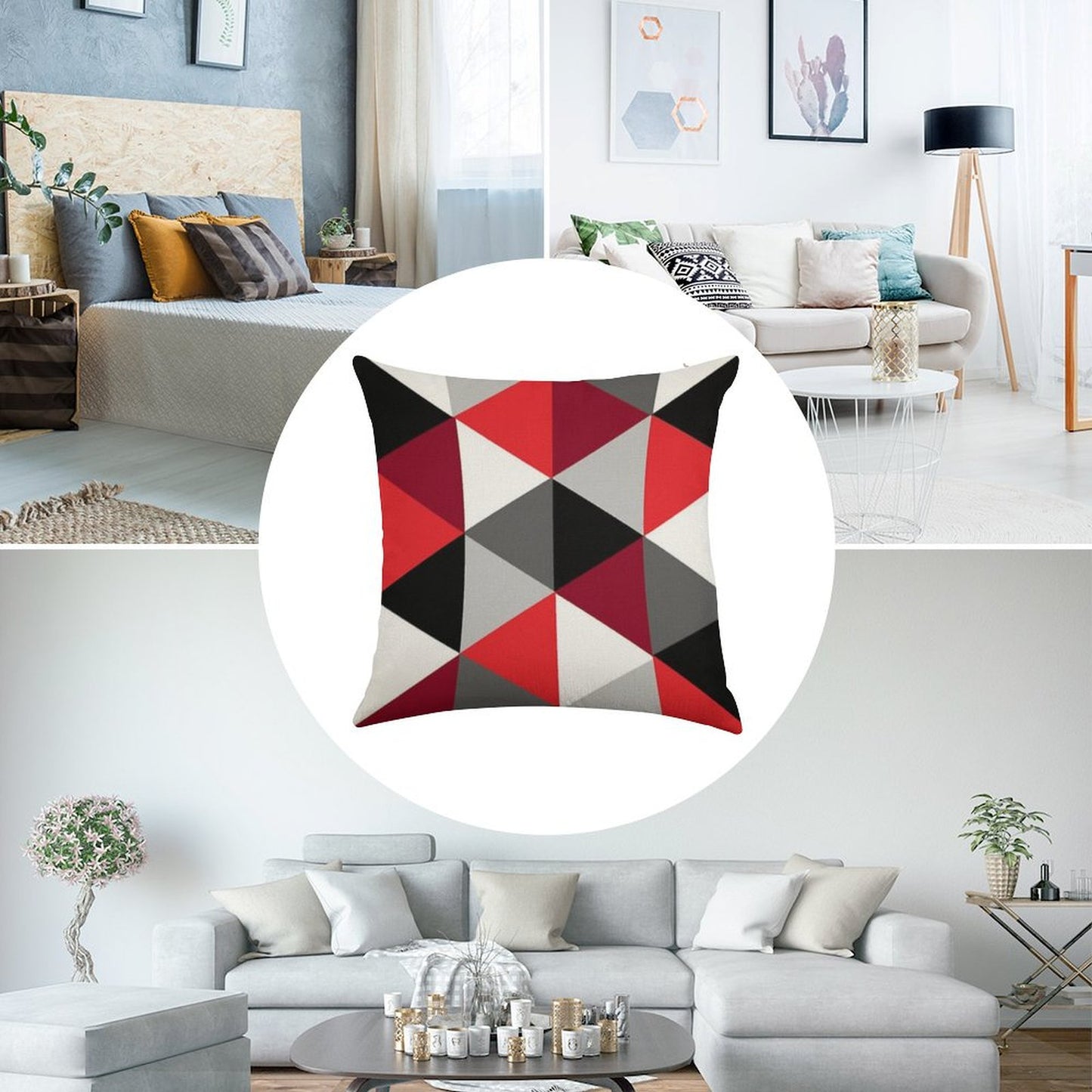 Red, Black, White And Grey Pattern Linen Throw Pillow Cover
