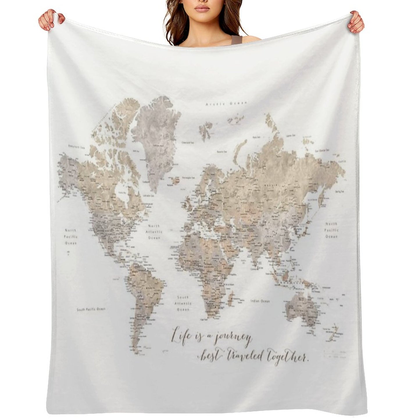 Life Is A Jouney Best Travelled Together, World Map, Abey Throw Blanket