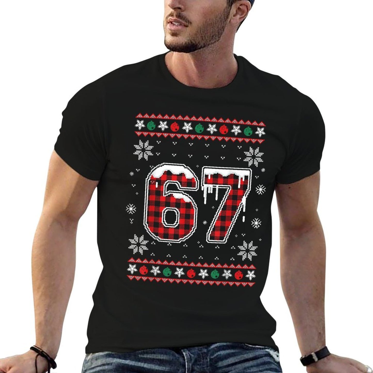 Funny 67 Six Seven Squad Meme Christmas Ugly Sweater  Rolled Sleeves T-Shirt