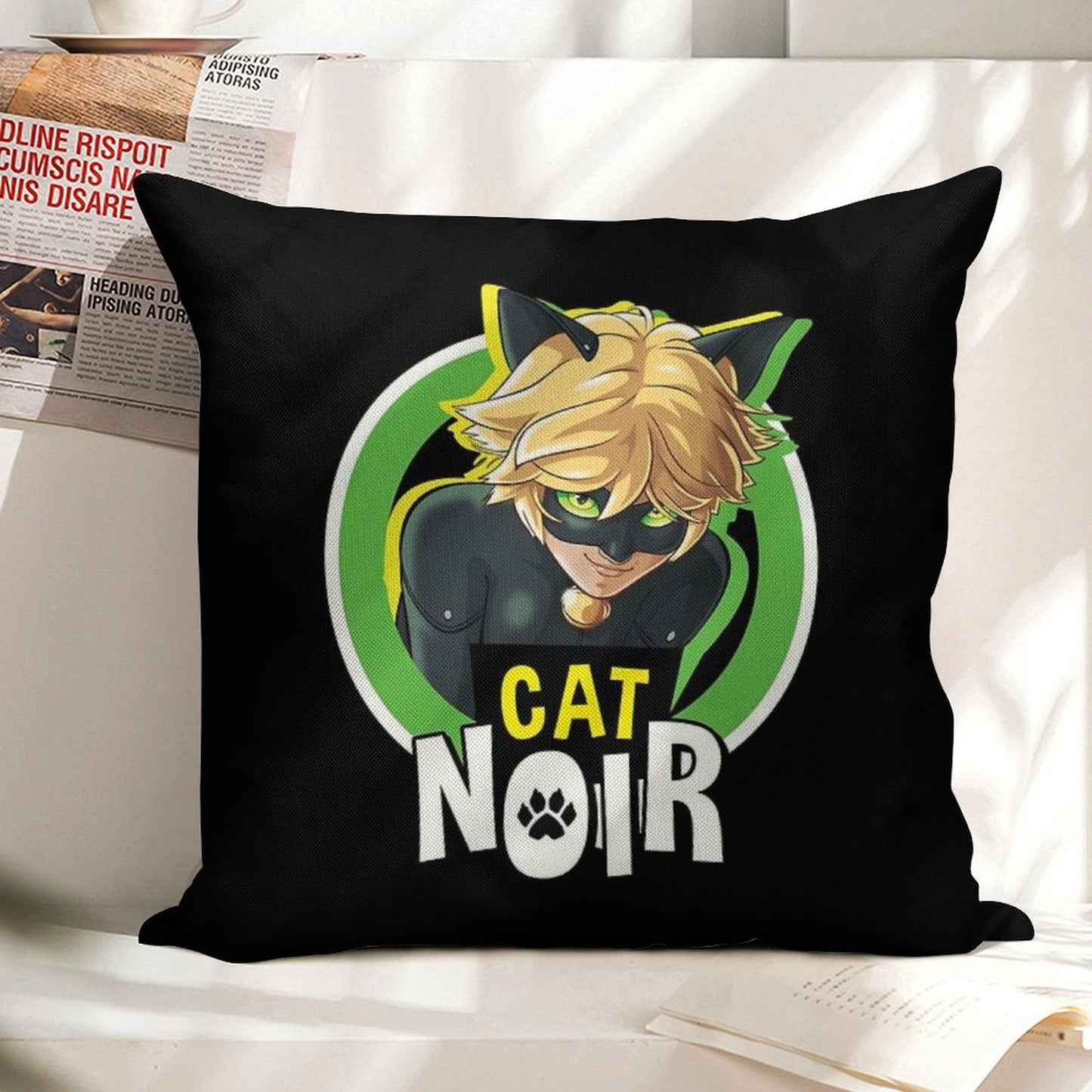 Miraculous Ladybug - Cat Noir Badge Linen Throw Pillow Cover